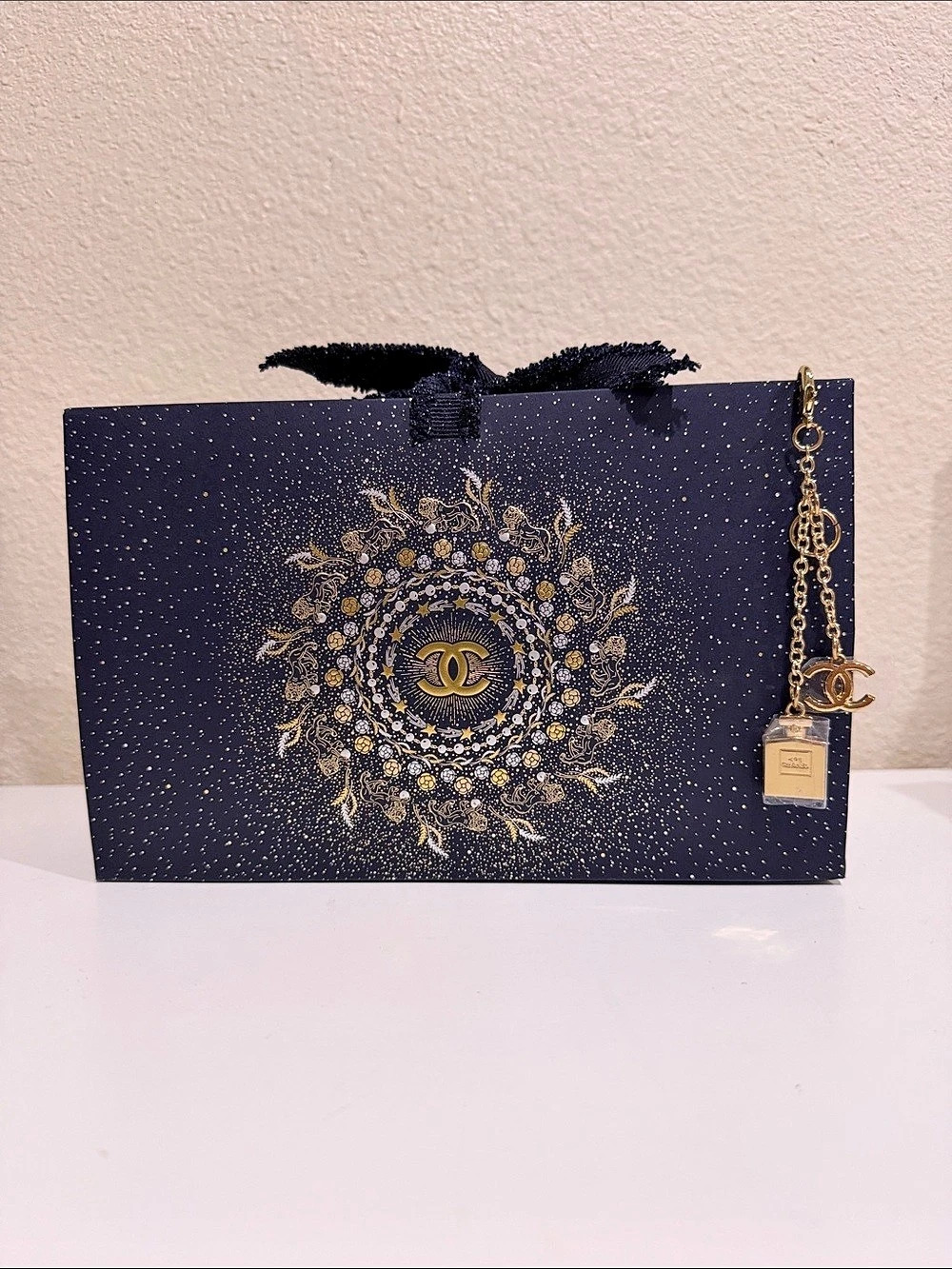 Chanel Holiday 2023 Gift Bag with No. 5 Perfume Bottle Charm Black & Gold